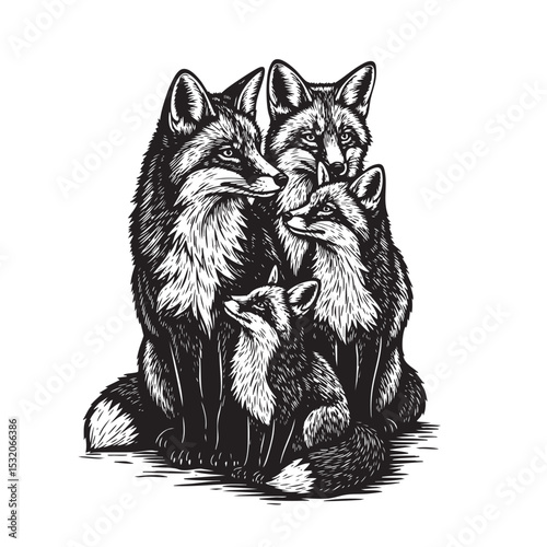 Four detailed black and white foxes, a family unit, sit together. Ideal for nature, wildlife, or family themes. Animals.