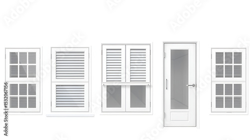 Plastic window and door with roller shutter isolated vector mockup. Realistic white windows and doors with metal rolling blinds, glass panels and PVC frame profiles, 3d design of architecture elements