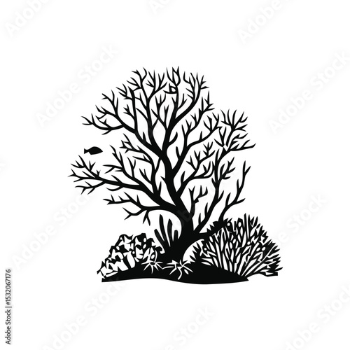 Intricate coral silhouette illustration with delicate branching structures and a small fish, perfect for marine-themed designs and decor.