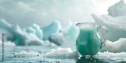 Glass Pitcher with Turquoise Liquid on Ice Among Icebergs Under a Cloudy Sky

