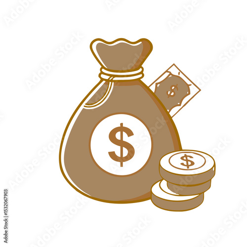 Money Bag with Dollar Sign and Coins Icon for Financial Applications, Banking Websites, Investment Platforms, Wealth Management Tools and Budget Planning
