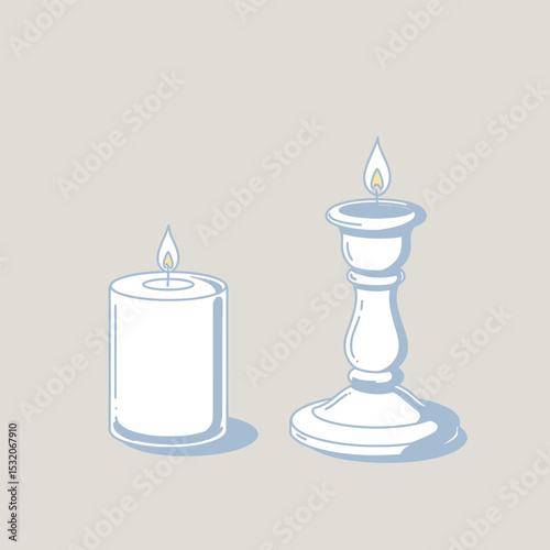 candles with flame in different stages of burn, twisted and striped. Vector cartoon set of paraffin candles with fire and wax drips. Festive decoration for birthday cake, Halloween, New Year