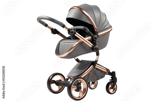 Luxury Baby Stroller: Elegant Gray & Rose Gold Design on transparent background png