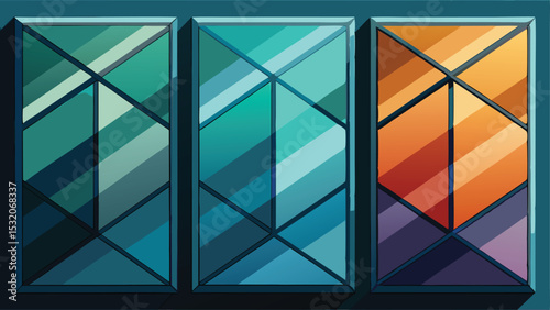 Geometric window panes with gradient colors in modern architectural design on white