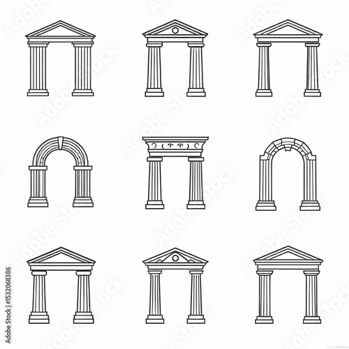Minimalist black and white vector icon set featuring classical architectural elements such as columns (Doric, Ionic, Corinthian), archways, pediments, and friezes, clean line art style, no background