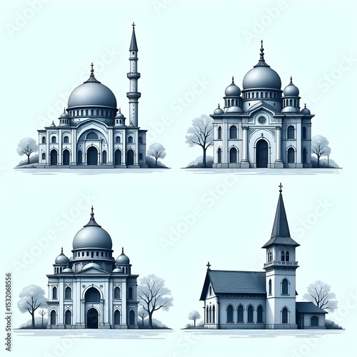Single-color black and white vector icon set of religious buildings: mosque dome, gothic cathedral, Buddhist stupa, Hindu mandir tower, and wooden church with steeple, minimalist line art