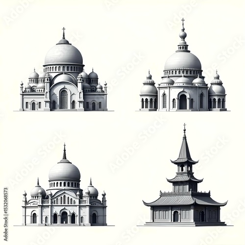 Single-color black and white vector icon set of religious buildings: mosque dome, gothic cathedral, Buddhist stupa, Hindu mandir tower, and wooden church with steeple, minimalist line art