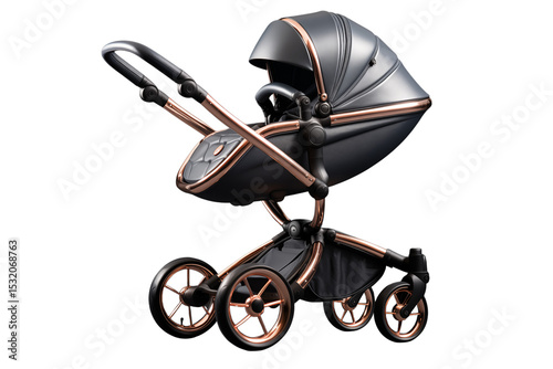 Luxury Baby Stroller: Black & Rose Gold Pram, Infant Carriage, Pushchair on transparent background png