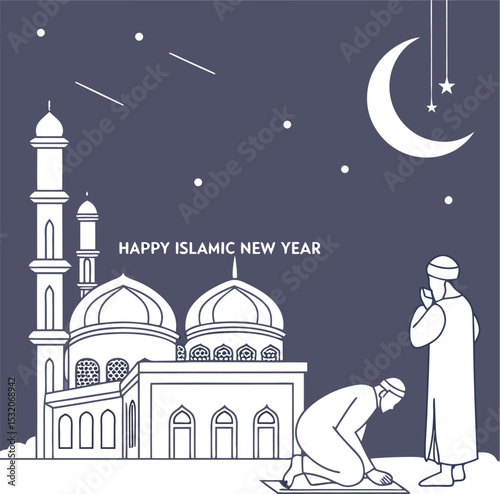 Elegant One-Line Mosque and Worshipers Silhouette with Golden Crescent New Year Greeting