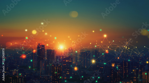 Smart city with connection network reciprocity over the cityscape social media networking systems that connects on the peak of success amid tall, innovative Smart city and graphs with statistics