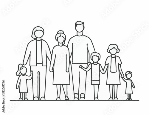 Clean Line Art Icons of Diverse Families, Depicting Family Values, Love, and Togetherness for Parenting Blogs and Social Welfare Programs.