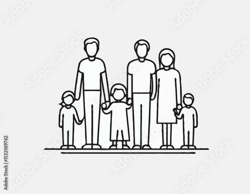 Clean Line Art Icons of Diverse Families, Depicting Family Values, Love, and Togetherness for Parenting Blogs and Social Welfare Programs.
