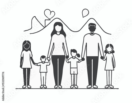 Clean Line Art Icons of Diverse Families, Depicting Family Values, Love, and Togetherness for Parenting Blogs and Social Welfare Programs.