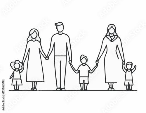 Clean Line Art Icons of Diverse Families, Depicting Family Values, Love, and Togetherness for Parenting Blogs and Social Welfare Programs.