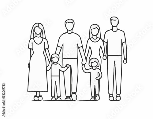 Clean Line Art Icons of Diverse Families, Depicting Family Values, Love, and Togetherness for Parenting Blogs and Social Welfare Programs.