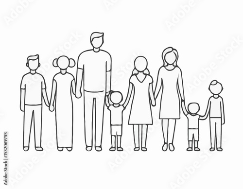 Clean Line Art Icons of Diverse Families, Depicting Family Values, Love, and Togetherness for Parenting Blogs and Social Welfare Programs.