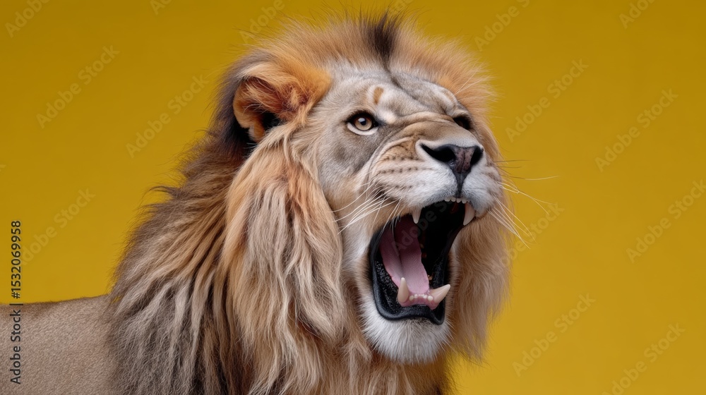 Fototapeta premium Lion is roaring on a yellow background. The lion's mane is long and flowing, and its mouth is wide open, making it look fierce and powerful. The yellow background adds a sense of warmth