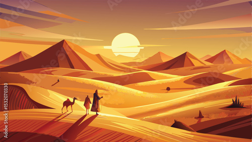 Desert Sahara sunset with golden sand dunes and vast sky, an arid landscape of nature's hot, dry beauty perfect for summer travel adventure