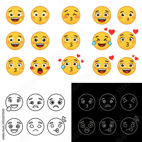 Smiling and Affectionate emojis 3D set. Emoticons big set. Vector icons set. Social media emoji. Emoji faces collection. Funny emoticons faces with facial expressions, UI interface icons