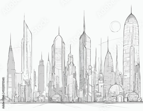 Line Art Blueprint of a Futuristic Cityscape
