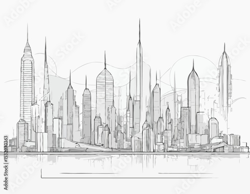 Line Art Blueprint of a Futuristic Cityscape
