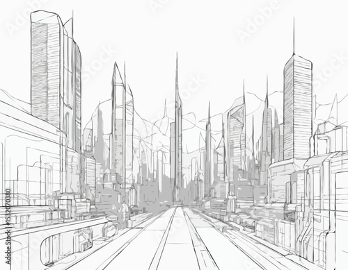 Line Art Blueprint of a Futuristic Cityscape
