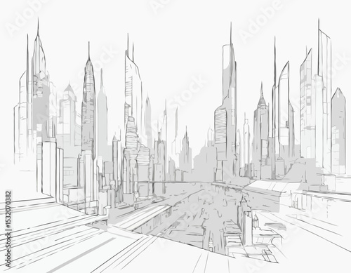 Line Art Blueprint of a Futuristic Cityscape