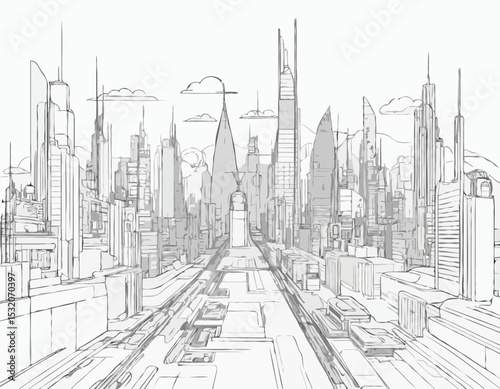 Line Art Blueprint of a Futuristic Cityscape