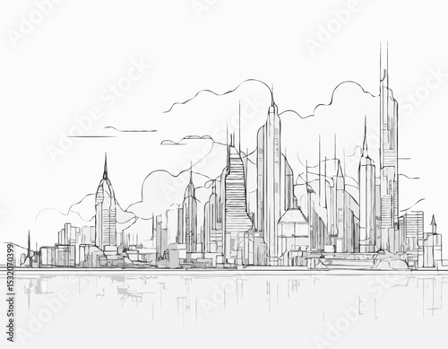 Line Art Blueprint of a Futuristic Cityscape