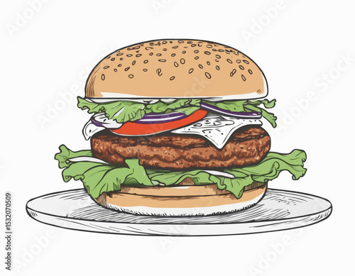 Detailed Line Illustration of Vegan Burger with Lettuce, Tomato, and Onion, Great for Fast Food Promotions and Vegetarian Campaigns.