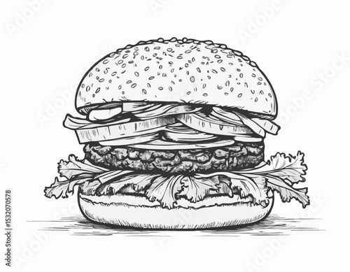 Detailed Line Illustration of Vegan Burger with Lettuce, Tomato, and Onion, Great for Fast Food Promotions and Vegetarian Campaigns.