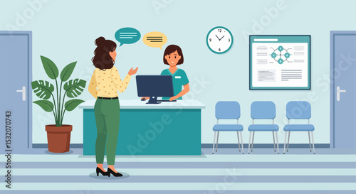 Reception Area Illustration with Conversing Women at Front Desk