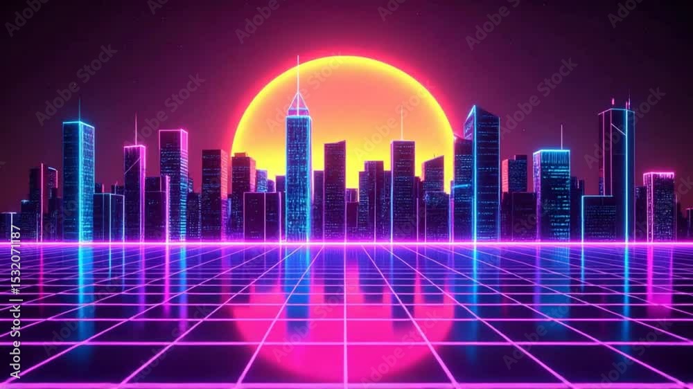 Retro city skyline with neon glow and synthwave vibes from future world