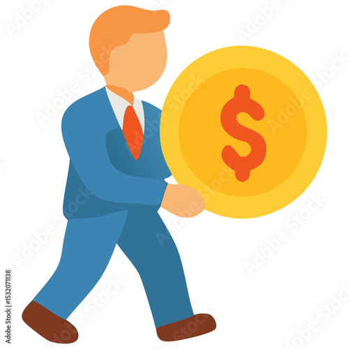 Businessman in a suit carrying a large coin symbolizing finance, with a simple background