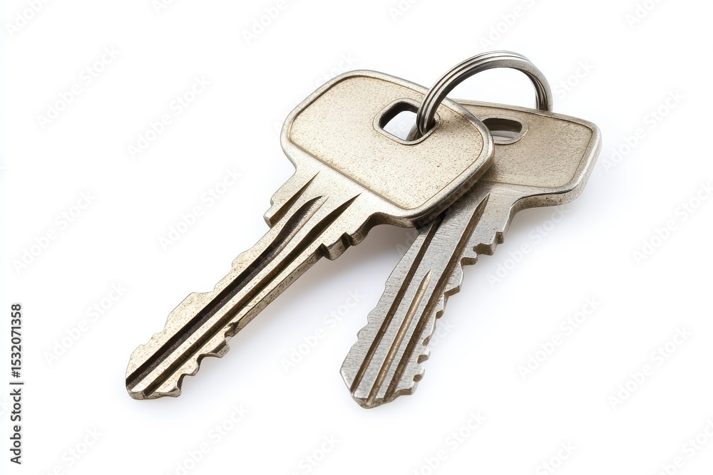 Two silver keys on a ring, isolated on white Two silver keys on a ring, isolated on white