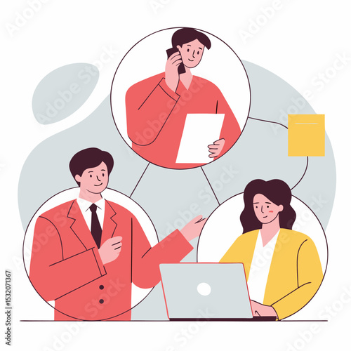 Business Teamwork Concept. Vector illustration in flat style of puzzle pieces with different people in business suits in each, performing various work