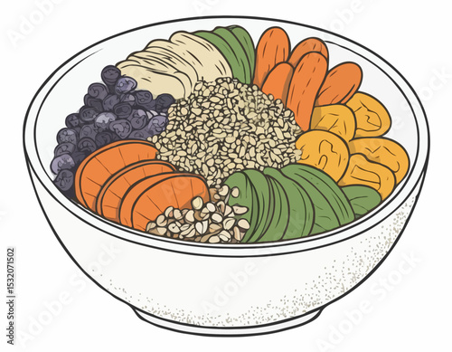 Artistic Line Illustration of a Vegan Buddha Bowl with Quinoa, Roasted Vegetables, and Tahini Dressing, Great for Healthy Food Blogs.