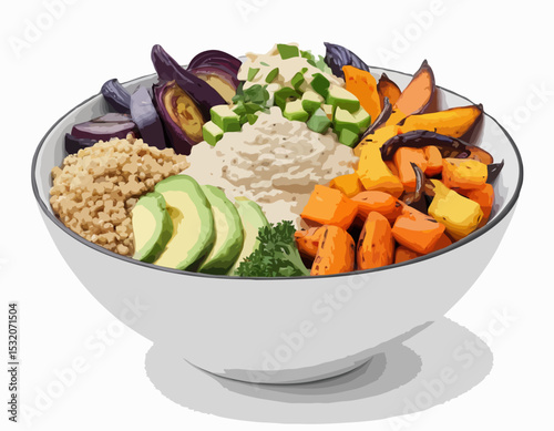 Artistic Line Illustration of a Vegan Buddha Bowl with Quinoa, Roasted Vegetables, and Tahini Dressing, Great for Healthy Food Blogs.