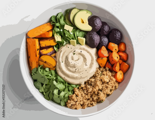 Artistic Line Illustration of a Vegan Buddha Bowl with Quinoa, Roasted Vegetables, and Tahini Dressing, Great for Healthy Food Blogs.