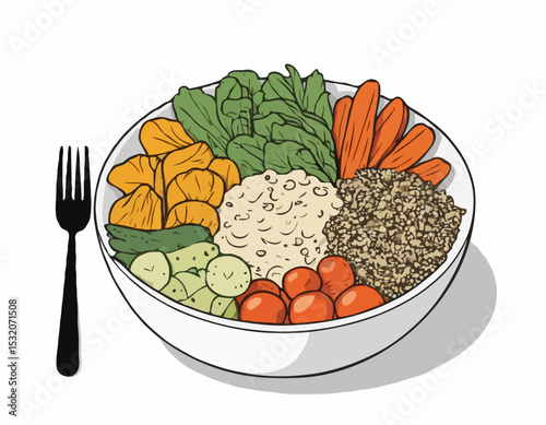 Artistic Line Illustration of a Vegan Buddha Bowl with Quinoa, Roasted Vegetables, and Tahini Dressing, Great for Healthy Food Blogs.