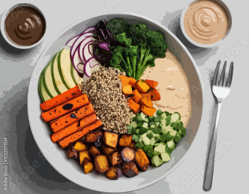 Artistic Line Illustration of a Vegan Buddha Bowl with Quinoa, Roasted Vegetables, and Tahini Dressing, Great for Healthy Food Blogs.