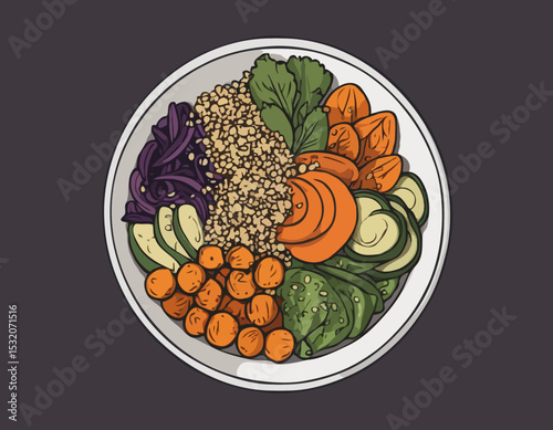 Artistic Line Illustration of a Vegan Buddha Bowl with Quinoa, Roasted Vegetables, and Tahini Dressing, Great for Healthy Food Blogs.