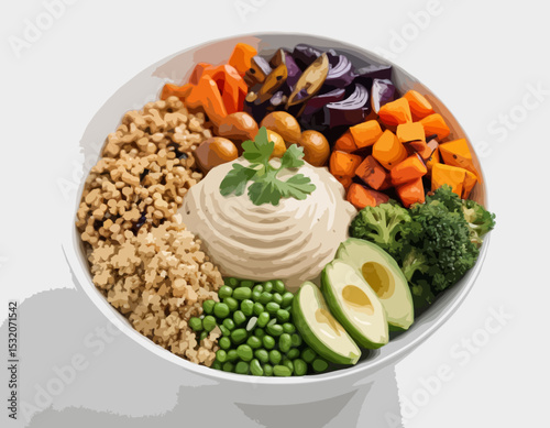 Artistic Line Illustration of a Vegan Buddha Bowl with Quinoa, Roasted Vegetables, and Tahini Dressing, Great for Healthy Food Blogs.