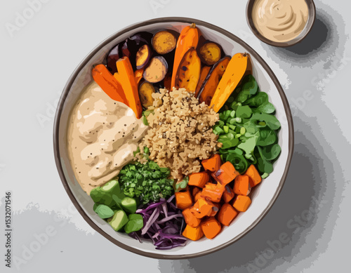 Artistic Line Illustration of a Vegan Buddha Bowl with Quinoa, Roasted Vegetables, and Tahini Dressing, Great for Healthy Food Blogs.