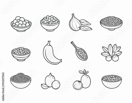Clean Line Art Icon Set of Vegetarian Ingredients, Including Legumes, Grains, and Seeds, Suited for Mobile Apps and Website Design.