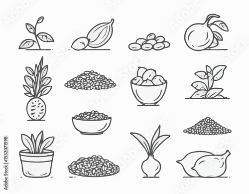 Clean Line Art Icon Set of Vegetarian Ingredients, Including Legumes, Grains, and Seeds, Suited for Mobile Apps and Website Design.