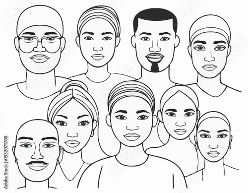 Monochrome Line Drawing of a Group of Multicultural Faces, Symbolizing Diversity, Inclusion, and Equality for Educational Resources and Human Rights Advocacy.