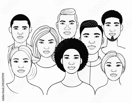 Monochrome Line Drawing of a Group of Multicultural Faces, Symbolizing Diversity, Inclusion, and Equality for Educational Resources and Human Rights Advocacy.