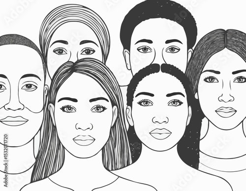 Monochrome Line Drawing of a Group of Multicultural Faces, Symbolizing Diversity, Inclusion, and Equality for Educational Resources and Human Rights Advocacy.