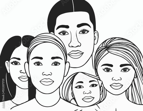 Monochrome Line Drawing of a Group of Multicultural Faces, Symbolizing Diversity, Inclusion, and Equality for Educational Resources and Human Rights Advocacy.